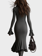 Velora – Retro-Strickkleid in Midi-Länge mit Reißverschlusskragen und Glockenärmeln – Ansicht 2