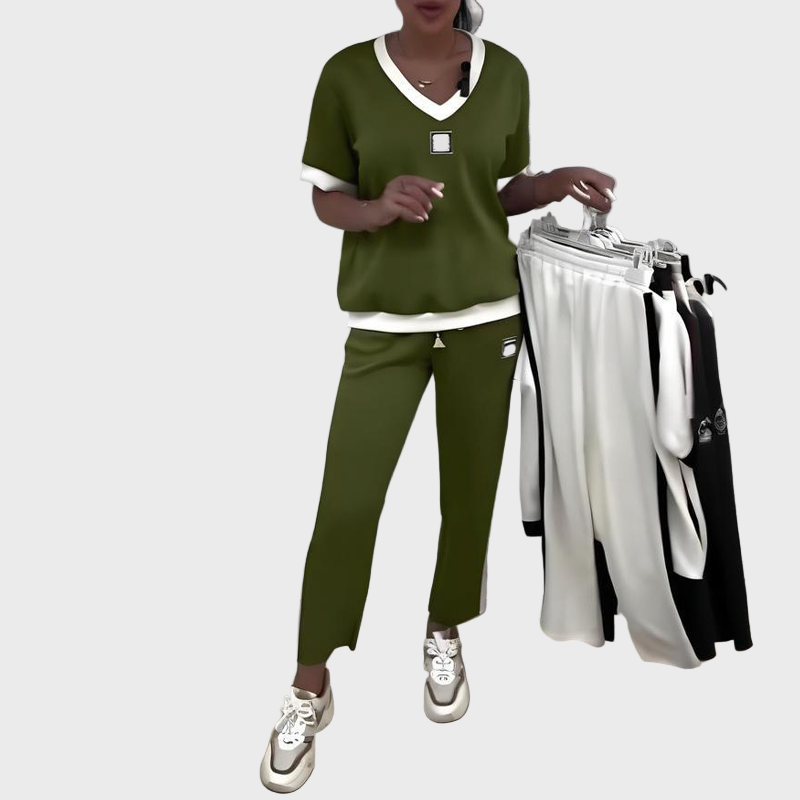 Damen-Set mit Oberteil und Hose mit V-Ausschnitt