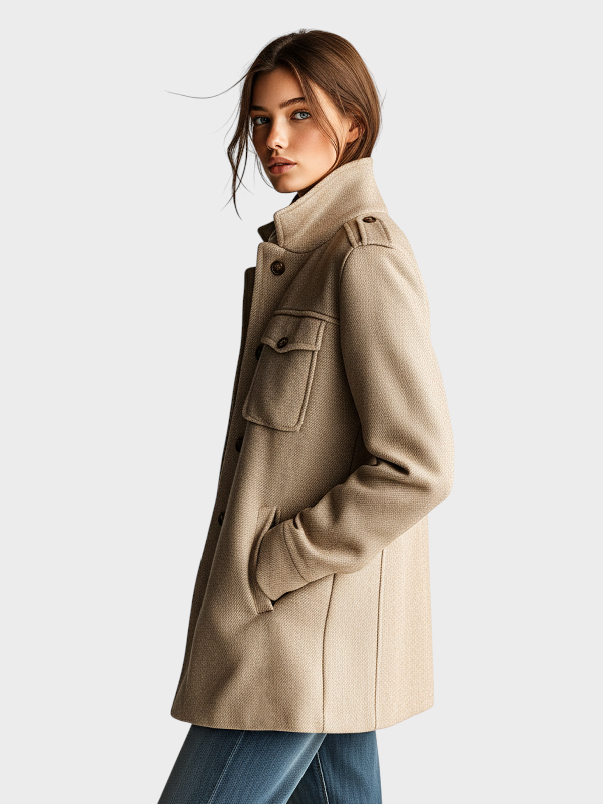 Eleven Ora – Kamelfarbene Wolljacke für Damen mit Stehkragen – Ansicht 4
