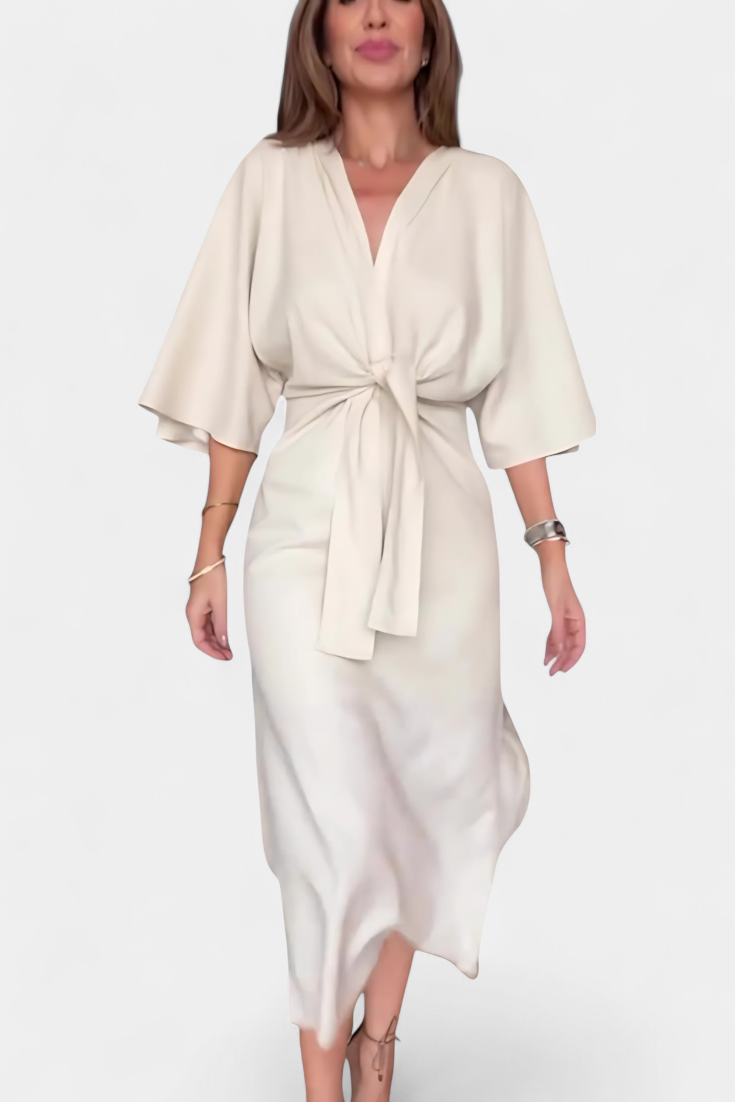 Lässiges Damenkleid Ainhoa mit Knoten und V-Ausschnitt – Ansicht 6