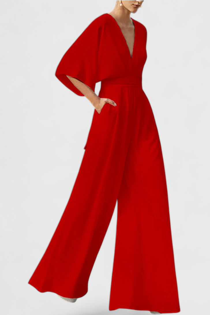 Eleganter Damen-Jumpsuit Isaura mit weitem Bein und V-Ausschnitt – Ansicht 3