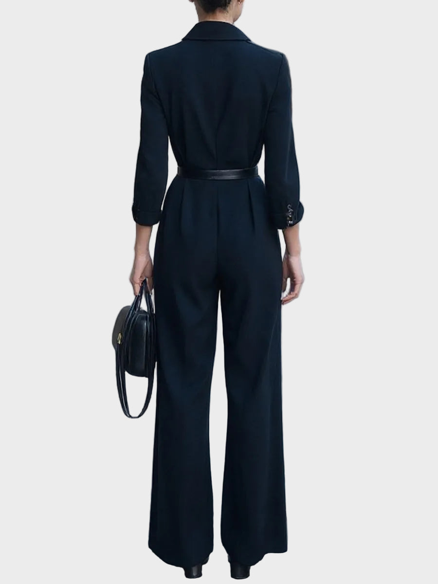 Jemimah – Schwarzer Damen-Wickeljumpsuit mit Gürtel und weitem Bein – Ansicht 3