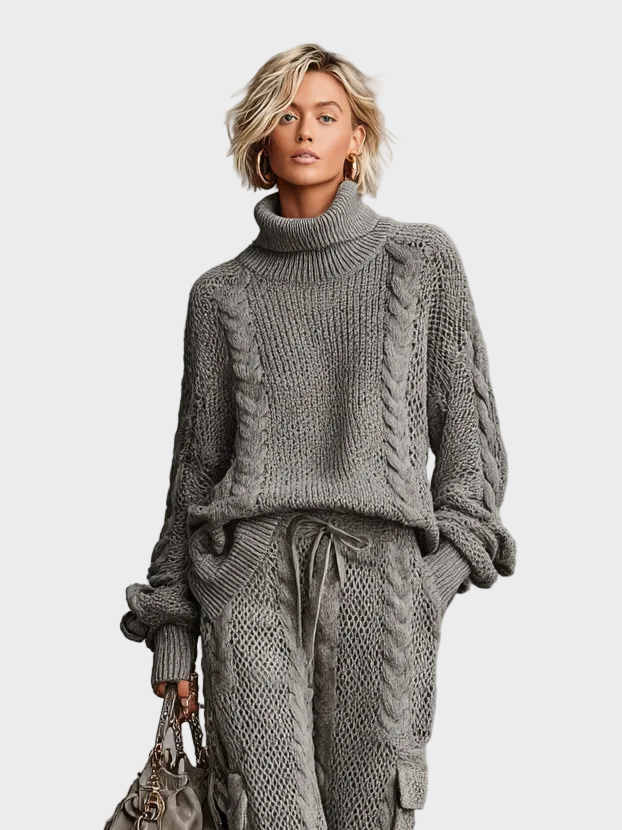 Aveline – Damen-Freizeitset mit Zopfmuster-Rollkragenpullover und Cargo-Hose – Ansicht 2
