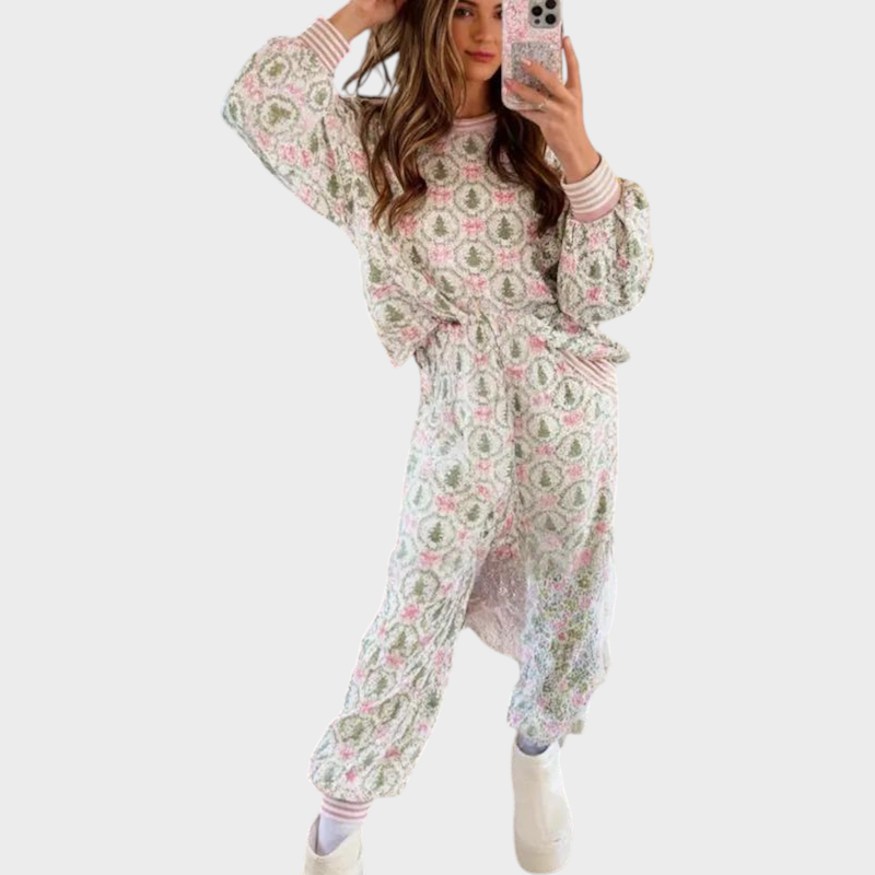 Aubrey – Gemütliches Damen-Pyjama-Set mit weihnachtlichem Schleifenmuster – Ansicht 2