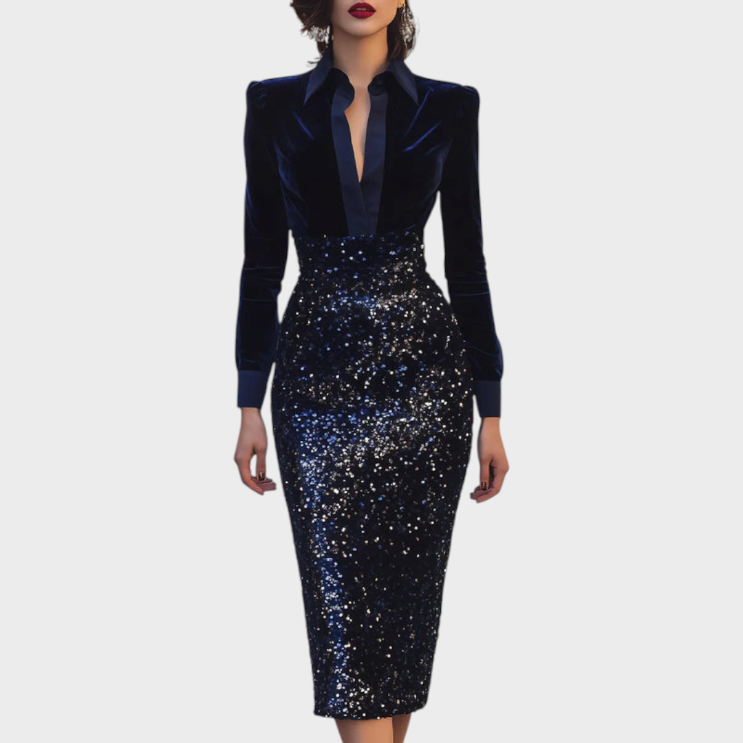 Erza – Damen-Midikleid mit Samtoberteil und Paillettenrock