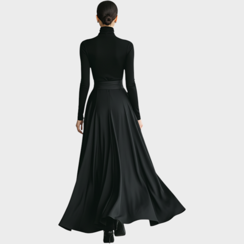 Hellen | Schwarzes Damen-Maxikleid mit hohem Kragen, hoher Elastizität, Strick- und Satinrock