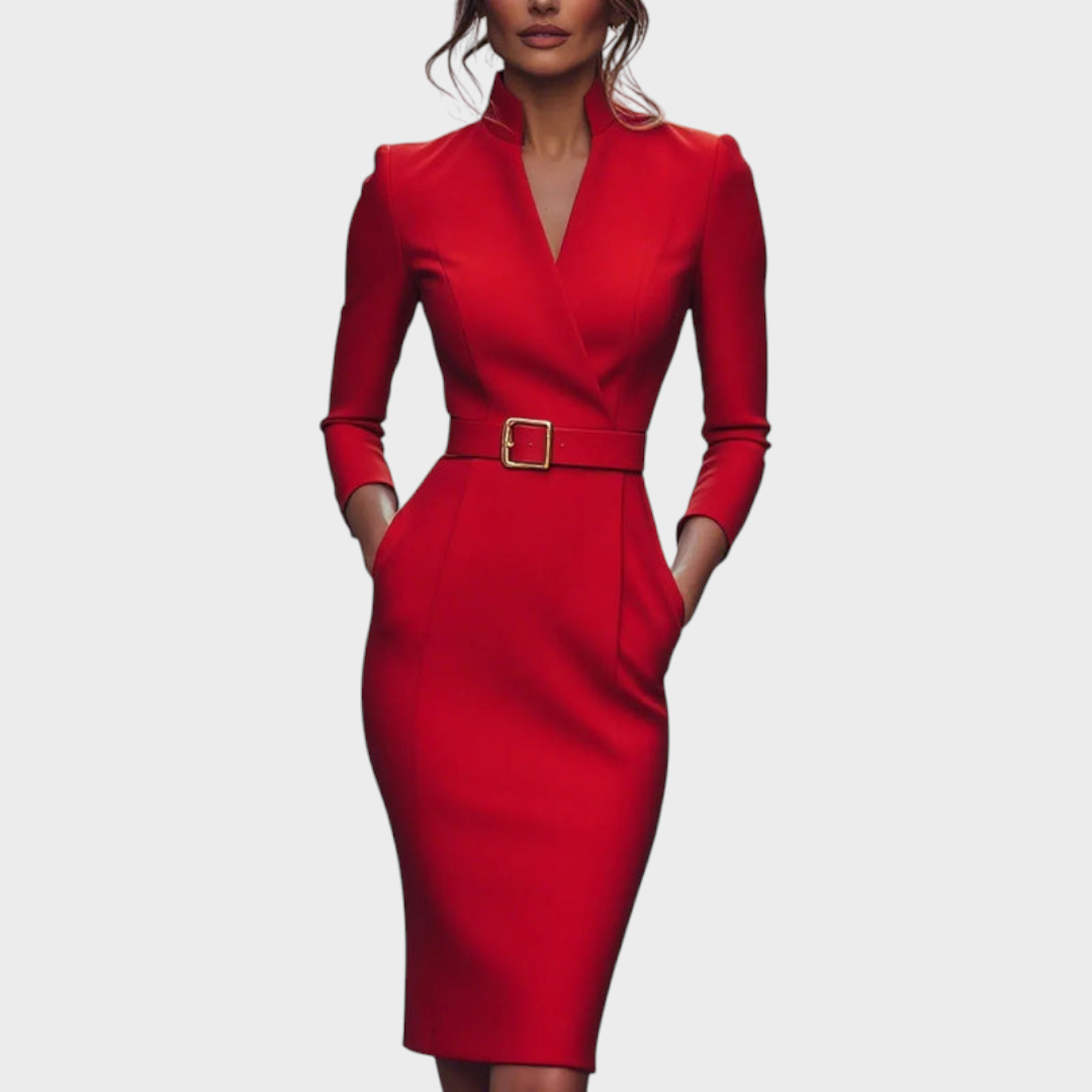 Tricia – Elegantes schwarzes Kleid mit Gürtel und Stehkragen