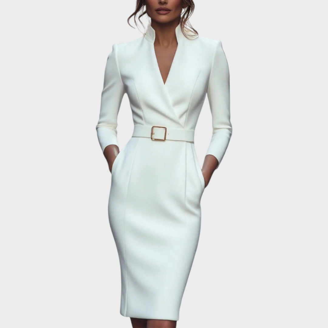 Tricia – Elegantes schwarzes Kleid mit Gürtel und Stehkragen