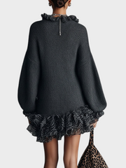 Loisa – Graues Strickminikleid mit V-Ausschnitt und Puffärmeln – Ansicht 2