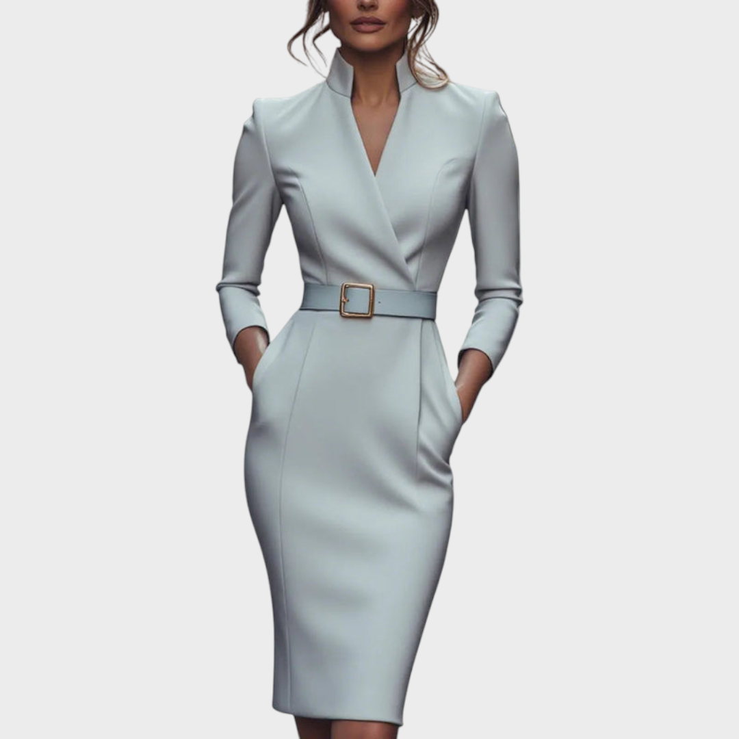 Tricia – Elegantes schwarzes Kleid mit Gürtel und Stehkragen