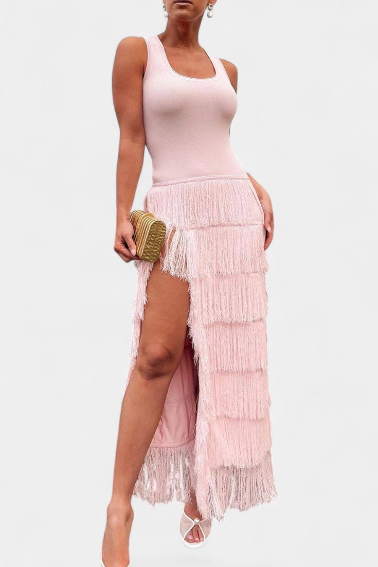 Kalani Maxikleid mit gestuften Fransen und Seitenschlitz