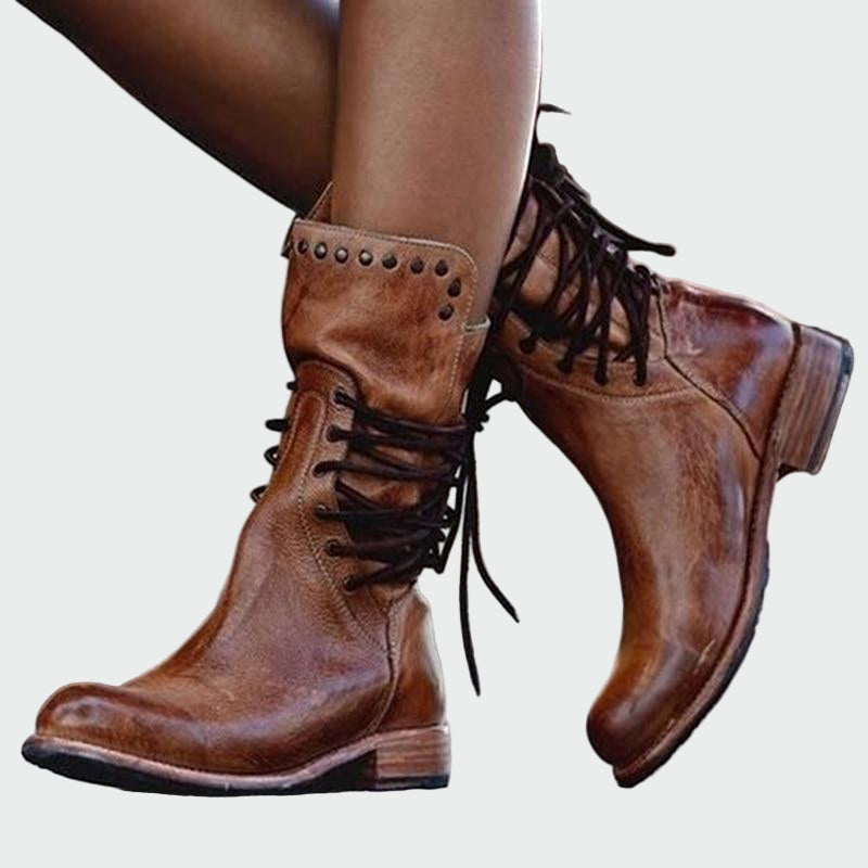 Graue Vintage-Lederstiefeletten für Damen mit Schnürung – Ansicht 2