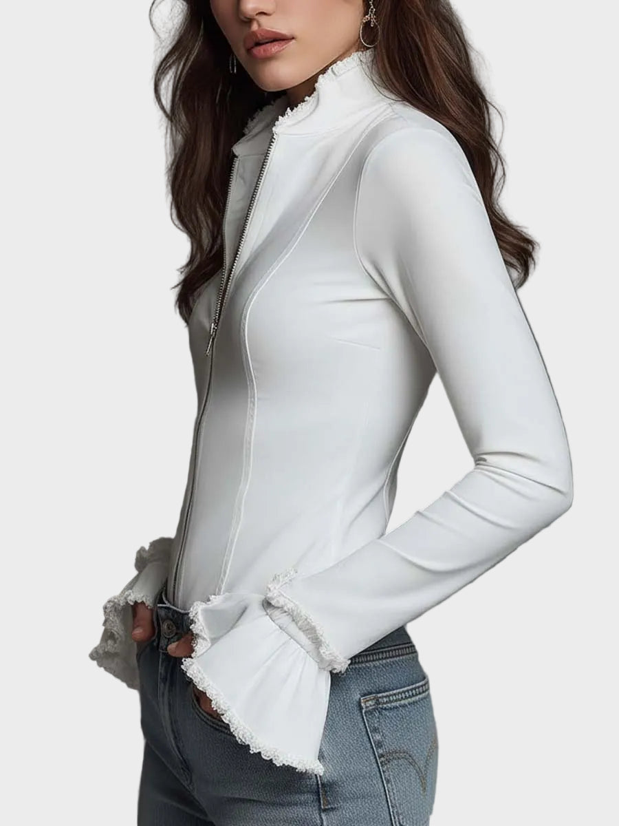 Figurbetonte Damen-Bluse Vanessa mit Frontreißverschluss und Spitzenkragen – Ansicht 2