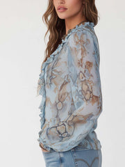 Zinia – Damen-Chiffonbluse mit Rüschen und blauem Muster – Ansicht 3