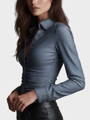 Damen-Slim-Fit-Denimhemd aus Tencel mit Taillenrüschen – Ansicht 3