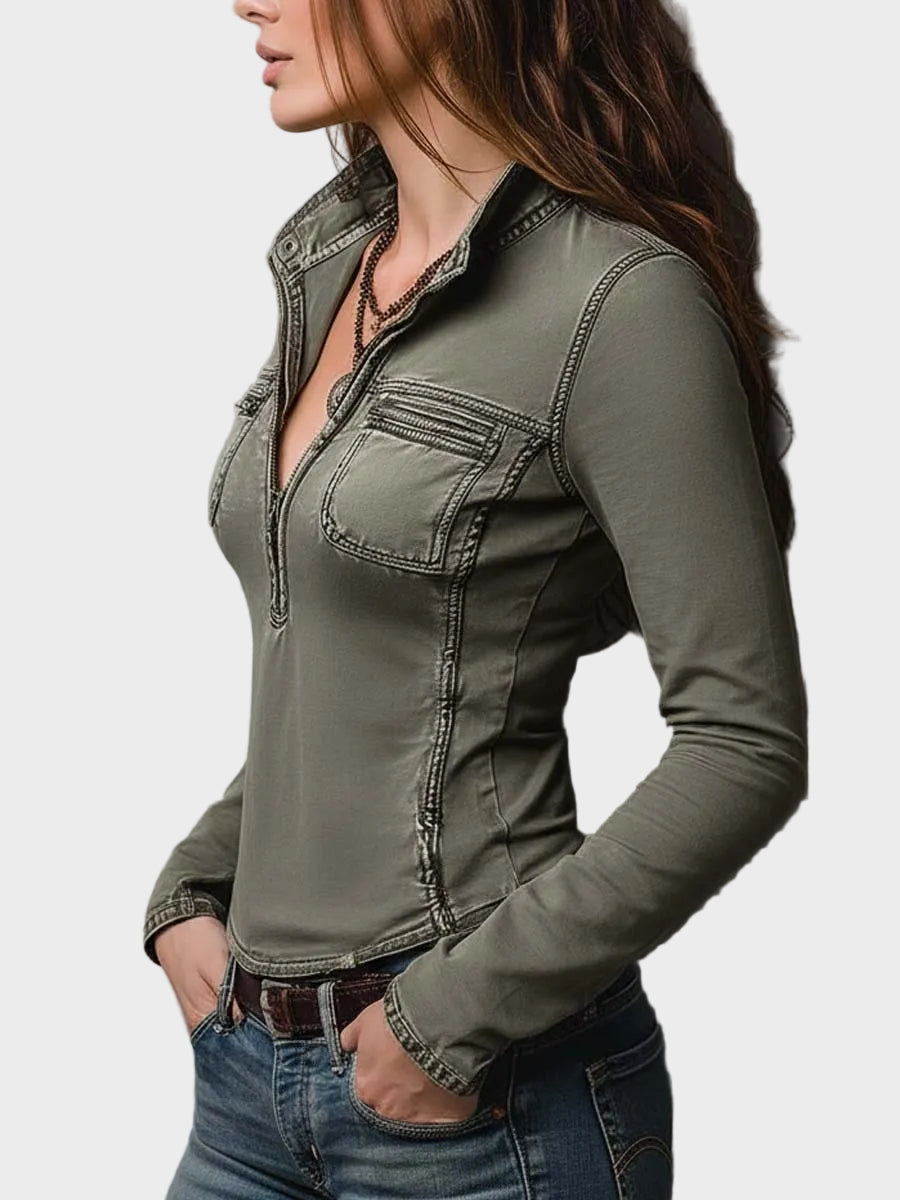 Gina – Figurbetontes grünes Damen-Funktionstop im Western-Stil mit Reißverschluss – Ansicht 2