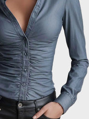 Damen-Slim-Fit-Denimhemd aus Tencel mit Taillenrüschen – Ansicht 6