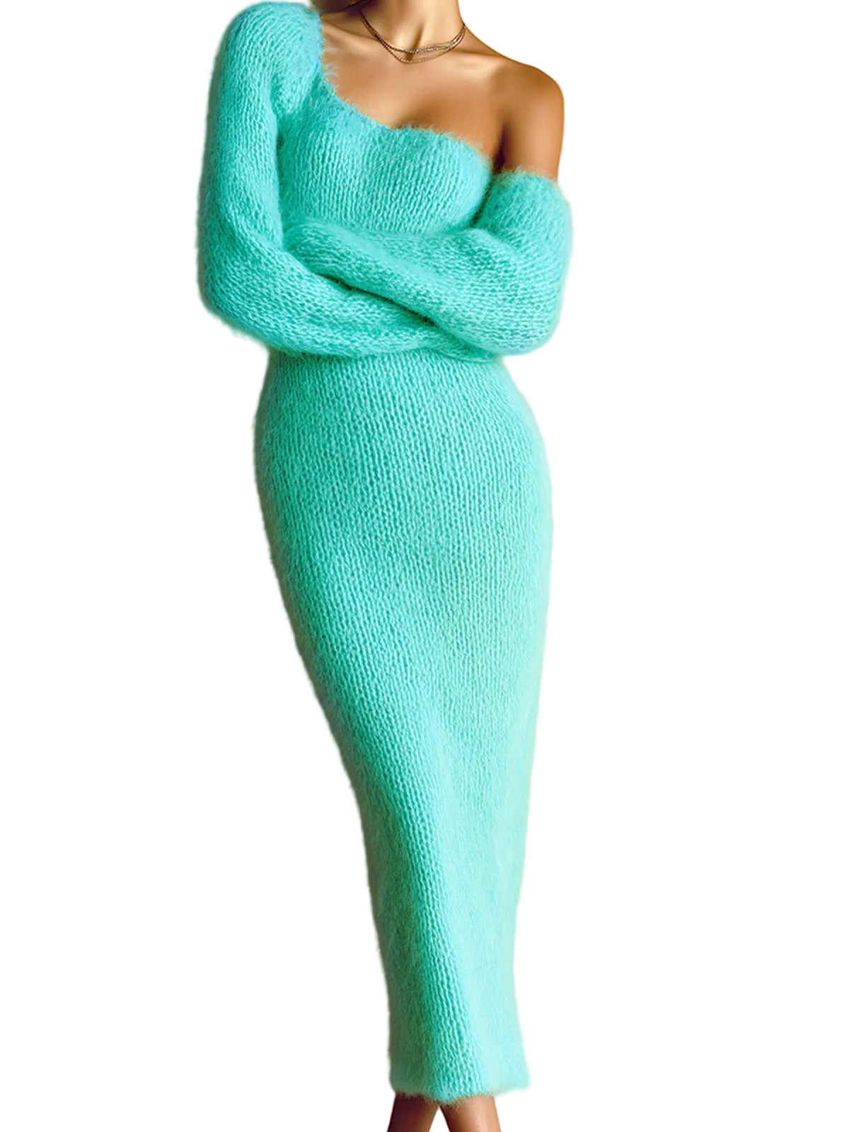 Kim – Gestricktes Maxikleid aus Mohair mit One-Shoulder-Ausschnitt und Laternenärmeln