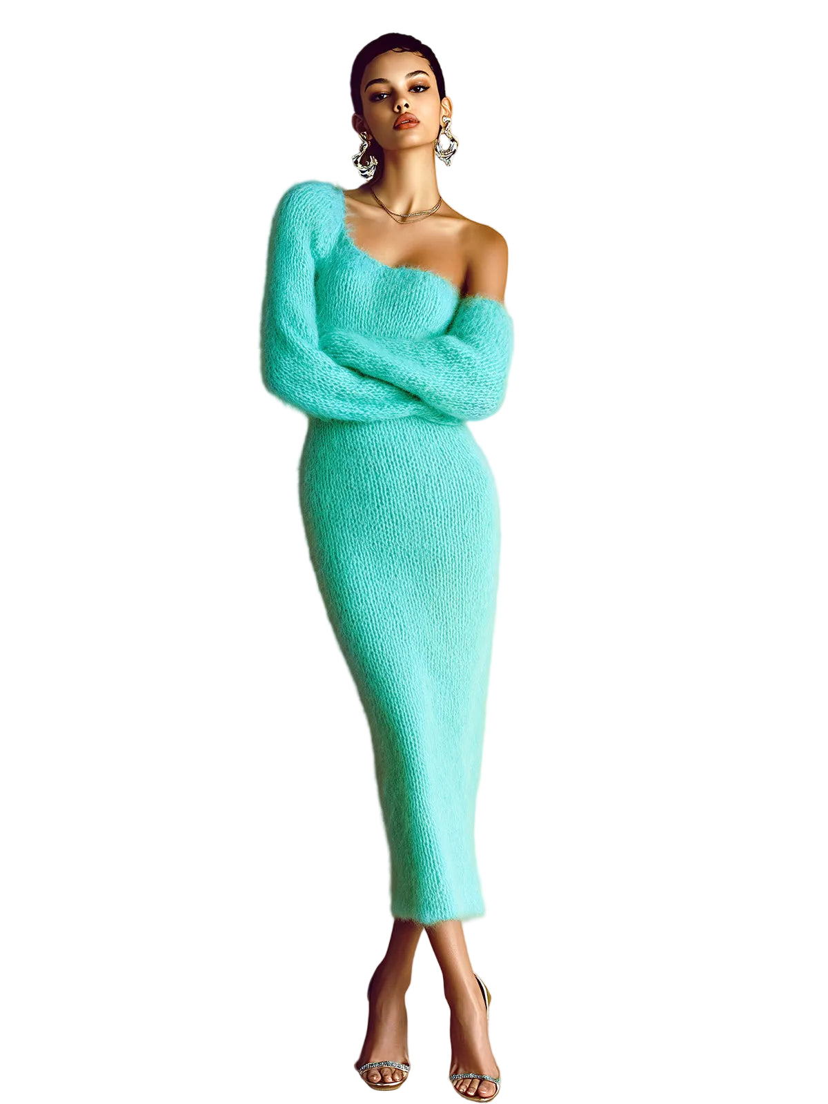 Kim – Gestricktes Maxikleid aus Mohair mit One-Shoulder-Ausschnitt und Laternenärmeln