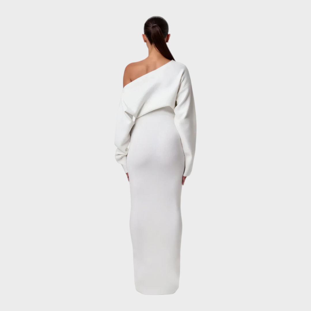 Hillary – Schulterfreies Strick-Maxikleid