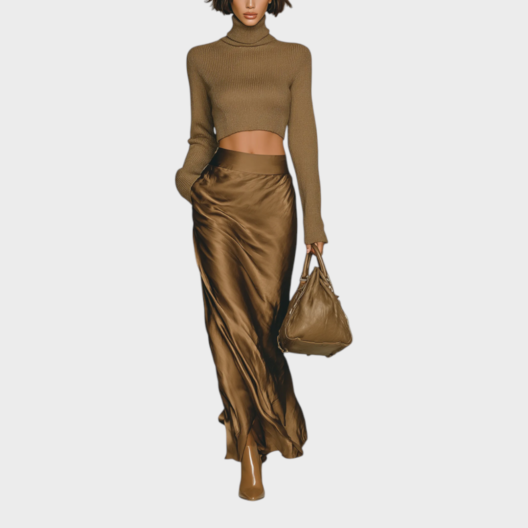 Damen-Set Amisha mit goldbraunem Pullover und Satinrock – Ansicht 2