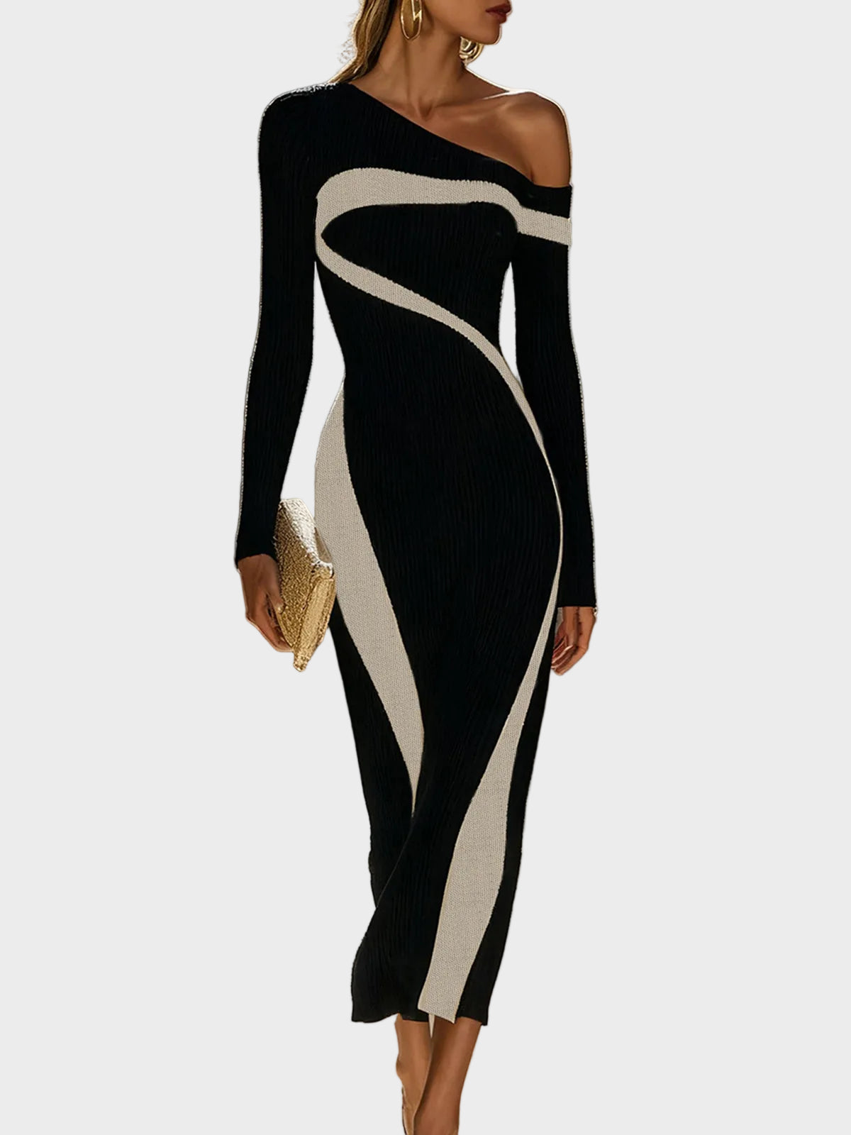 Juni – Figurbetontes One-Shoulder-Kleid in Unifarben mit Kontrasteffekt
