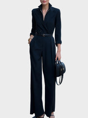 Jemimah – Schwarzer Damen-Wickeljumpsuit mit Gürtel und weitem Bein