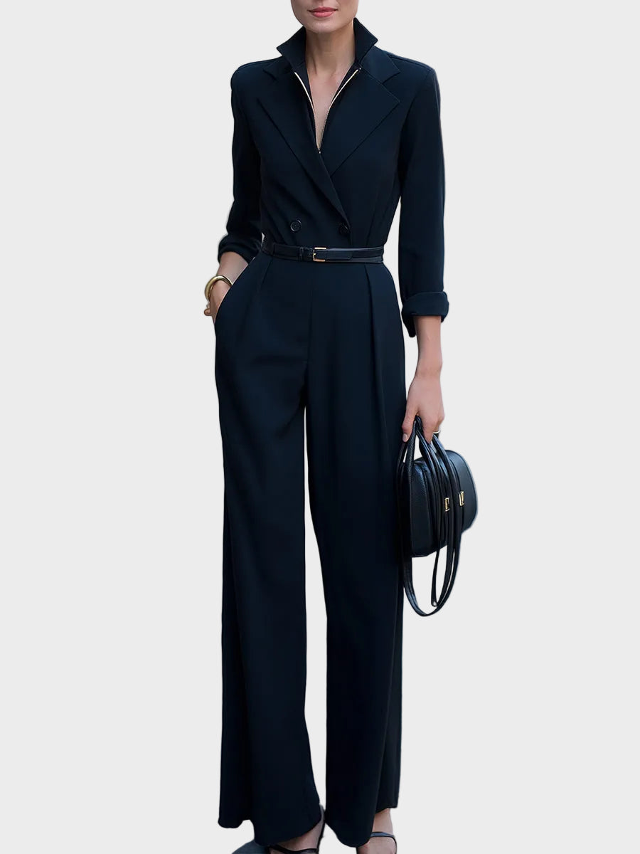 Jemimah – Schwarzer Damen-Wickeljumpsuit mit Gürtel und weitem Bein