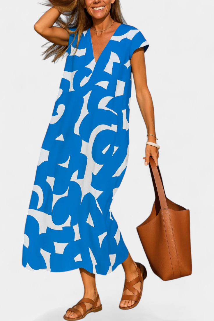 Asela – Lässiges Damenkleid mit V-Ausschnitt und Mustermix – Ansicht 4