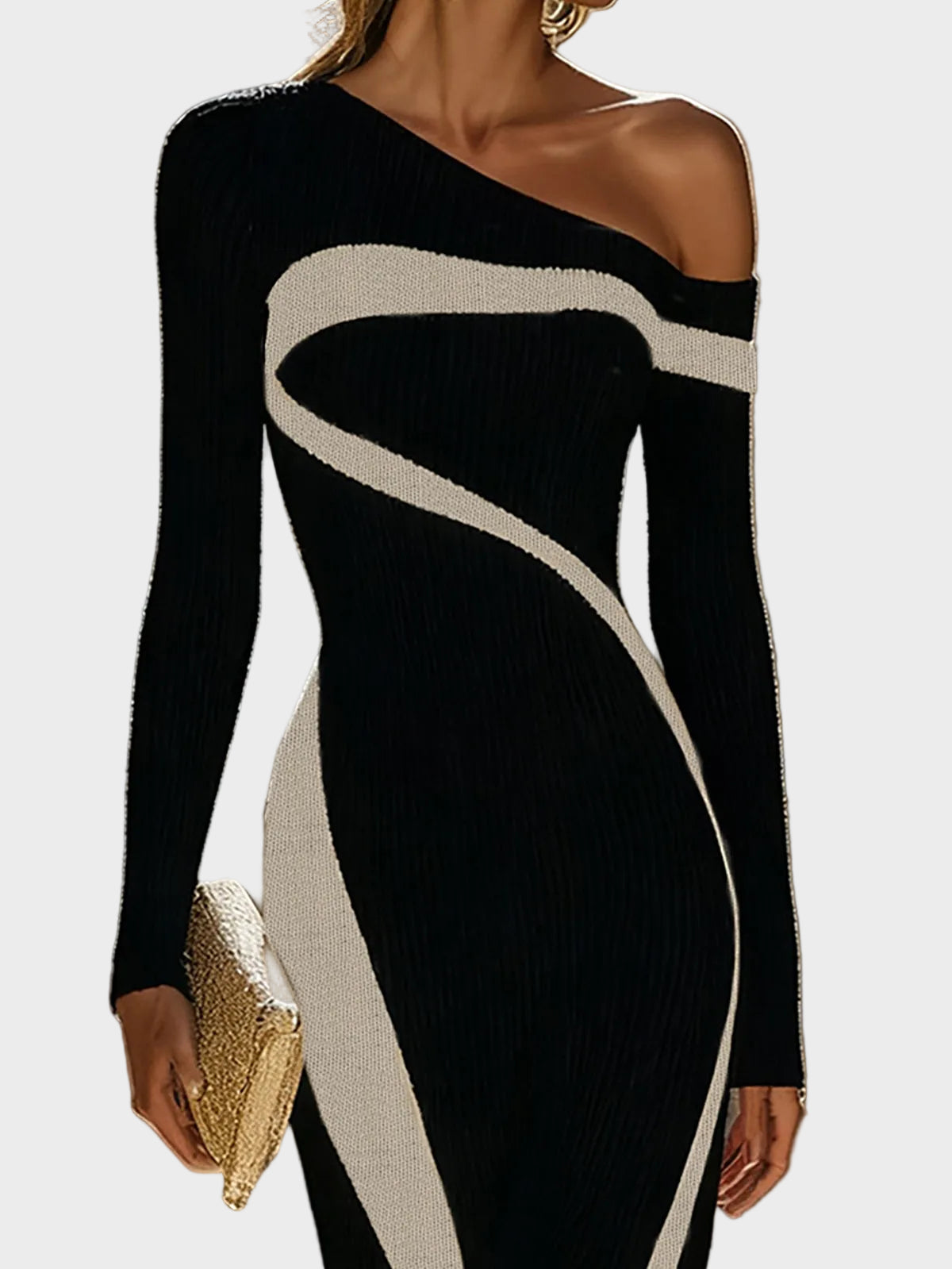 Juni – Figurbetontes One-Shoulder-Kleid in Unifarben mit Kontrasteffekt – Ansicht 3