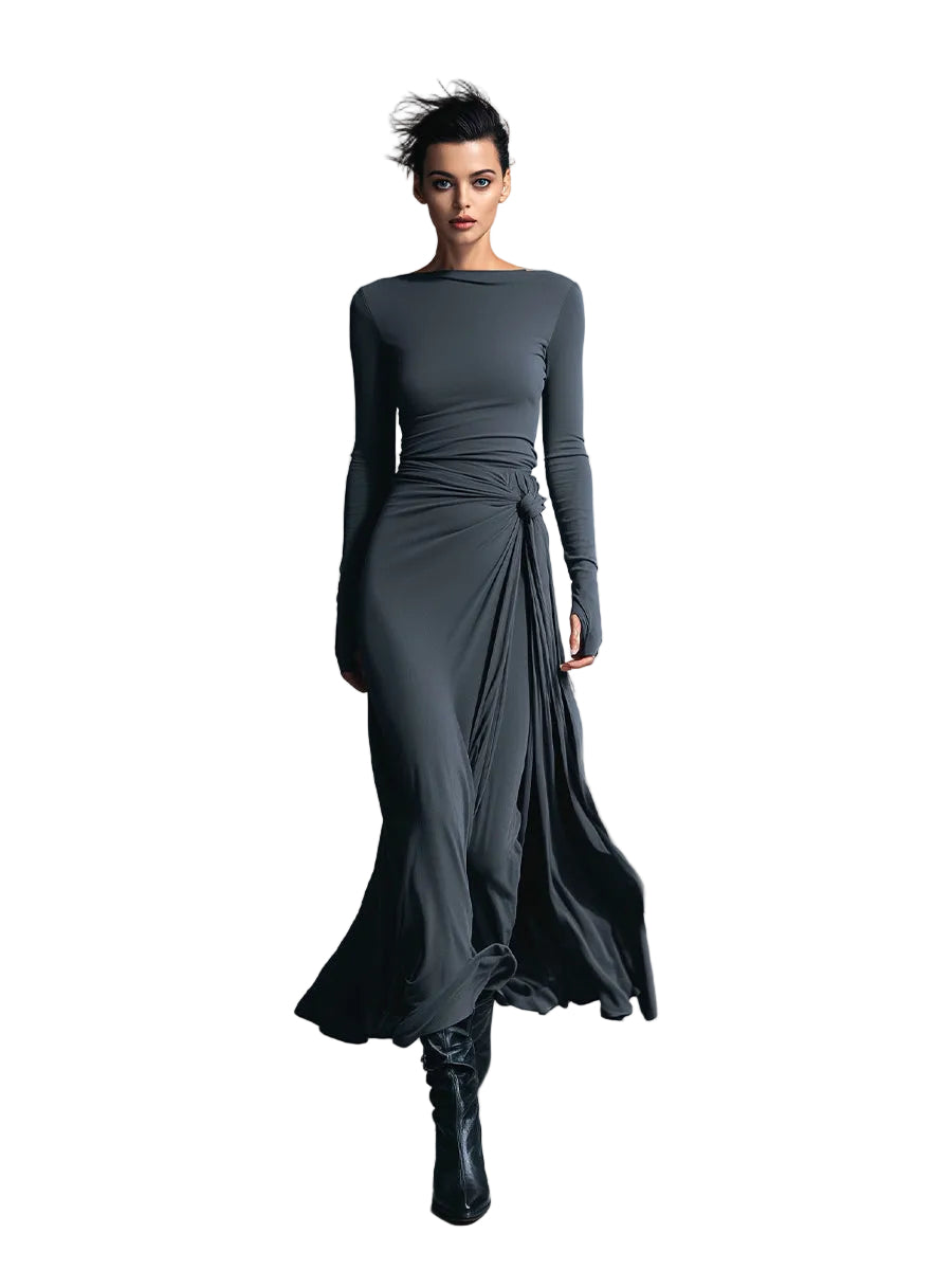 Belle – Graues Wickel-Maxikleid mit Knoten