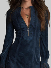 Jasmine – Blaues Wildleder-Minikleid für Damen mit Spitze – Ansicht 3