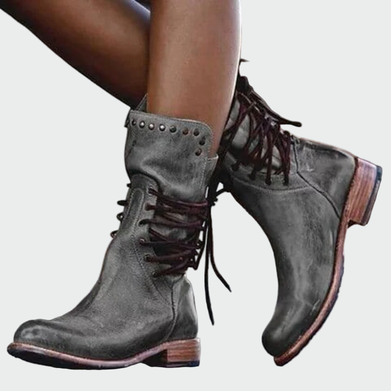 Graue Vintage-Lederstiefeletten für Damen mit Schnürung