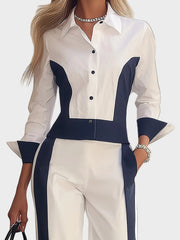Arla – Damen-Set mit weiß-marineblauem Hemd und weit geschnittener Hose – Ansicht 4