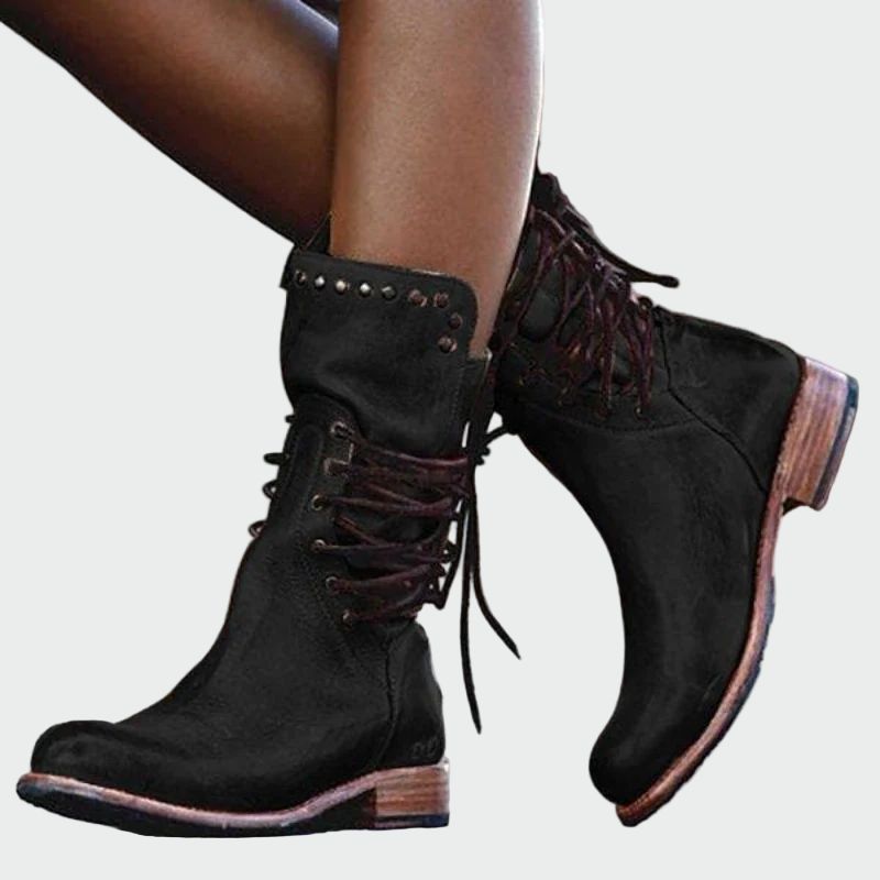 Graue Vintage-Lederstiefeletten für Damen mit Schnürung – Ansicht 3