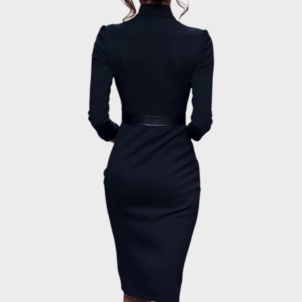 Tricia | Elegantes schwarzes Kleid mit Gürtel und Stehkragen