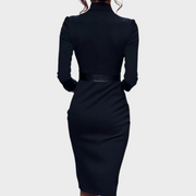 Tricia – Elegantes schwarzes Kleid mit Gürtel und Stehkragen