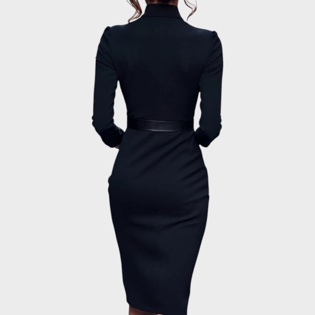 Tricia – Elegantes schwarzes Kleid mit Gürtel und Stehkragen