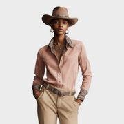 Macey – Rosa Western-Retro-Bluse für Damen aus Kunstleder mit Leopardenmuster und langen Ärmeln – Ansicht 3