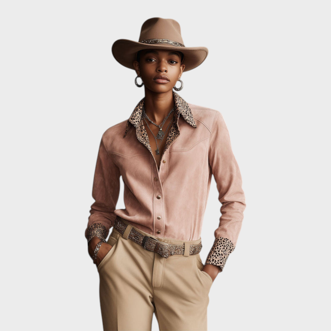 Macey | Western Retro Leopard Damenbluse aus rosa Kunstleder mit langen Ärmeln, rosa, langärmlig