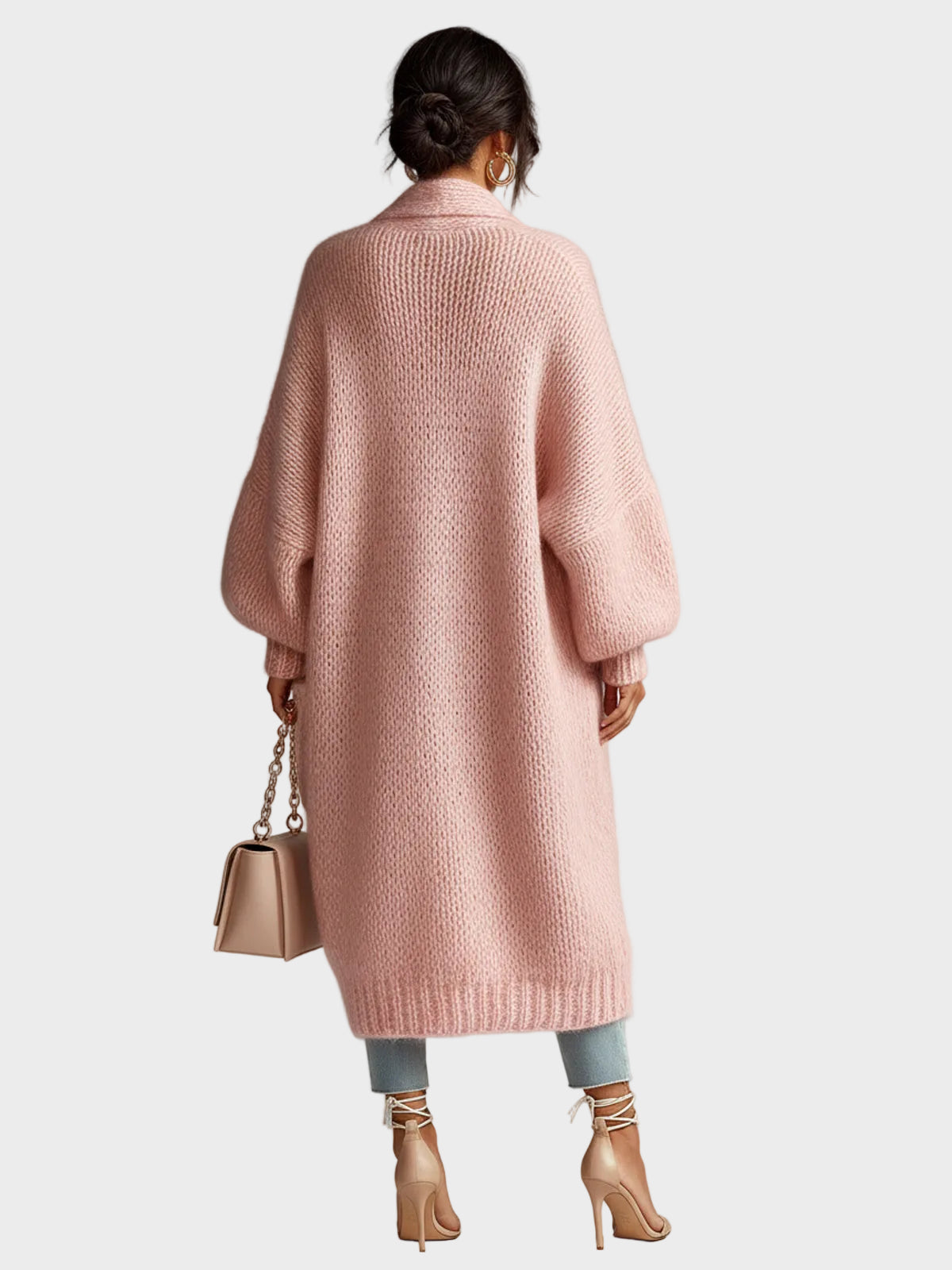 Lily – Pinkfarbene Maxi-Strickjacke für Damen mit Puffärmeln – Ansicht 4
