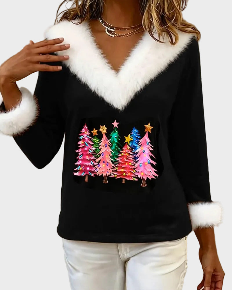 Damen-Fleecepullover Aubrey mit V-Ausschnitt und Weihnachtsmuster – Ansicht 3
