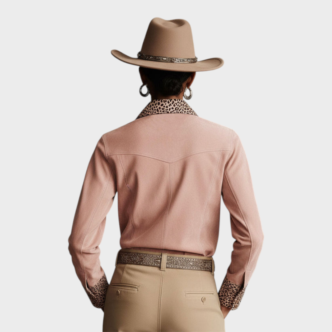 Macey | Western Retro Leopard Damenbluse aus rosa Kunstleder mit langen Ärmeln, rosa, langärmlig