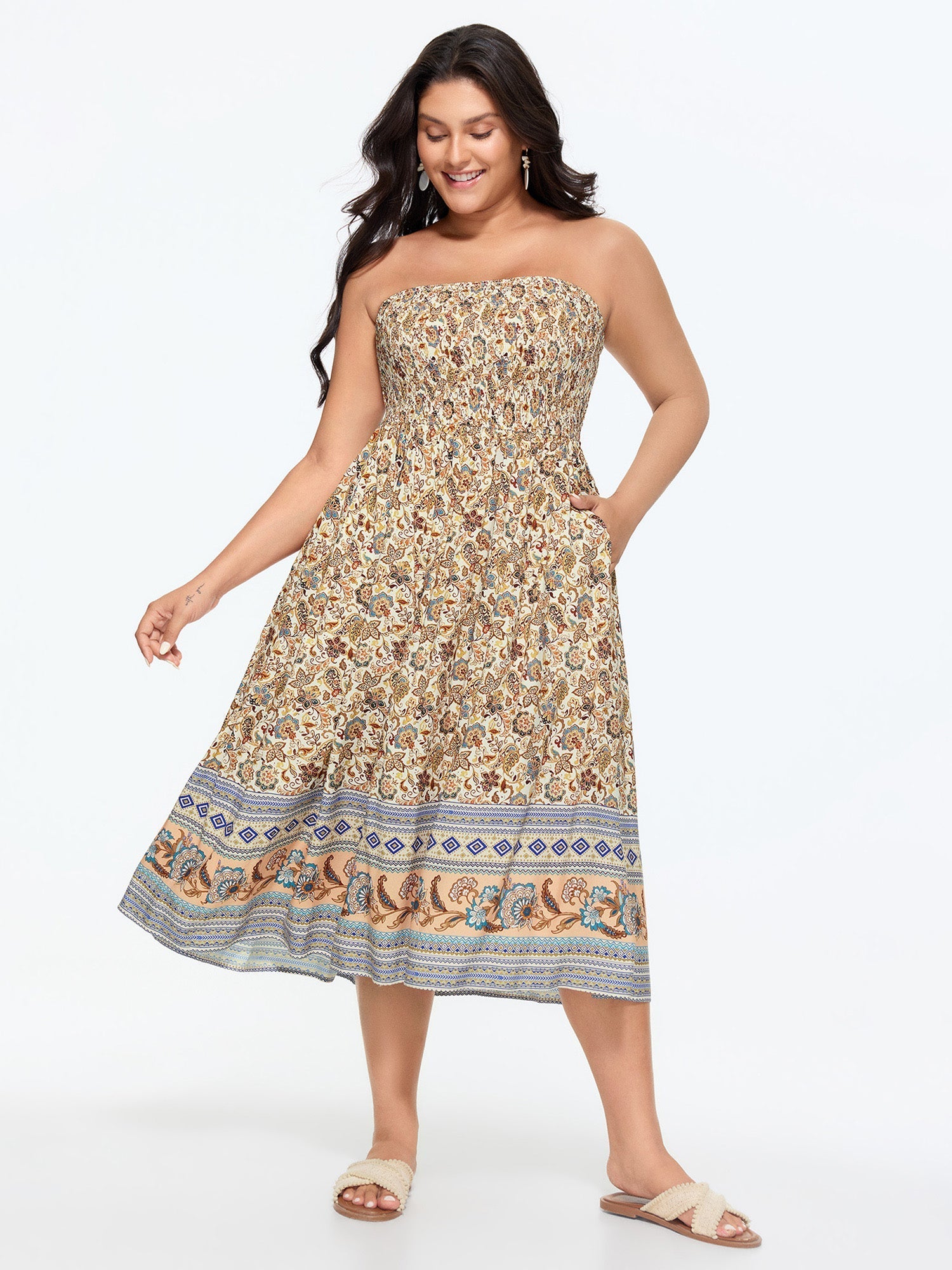 Damen-Midikleid mit Blumenmuster, freien Schultern und Kontrastdetails in Übergröße