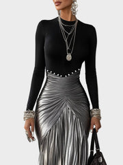Donna – Schwarzes plissiertes Maxikleid mit silberfarbenem Metallic-Muster – Ansicht 3