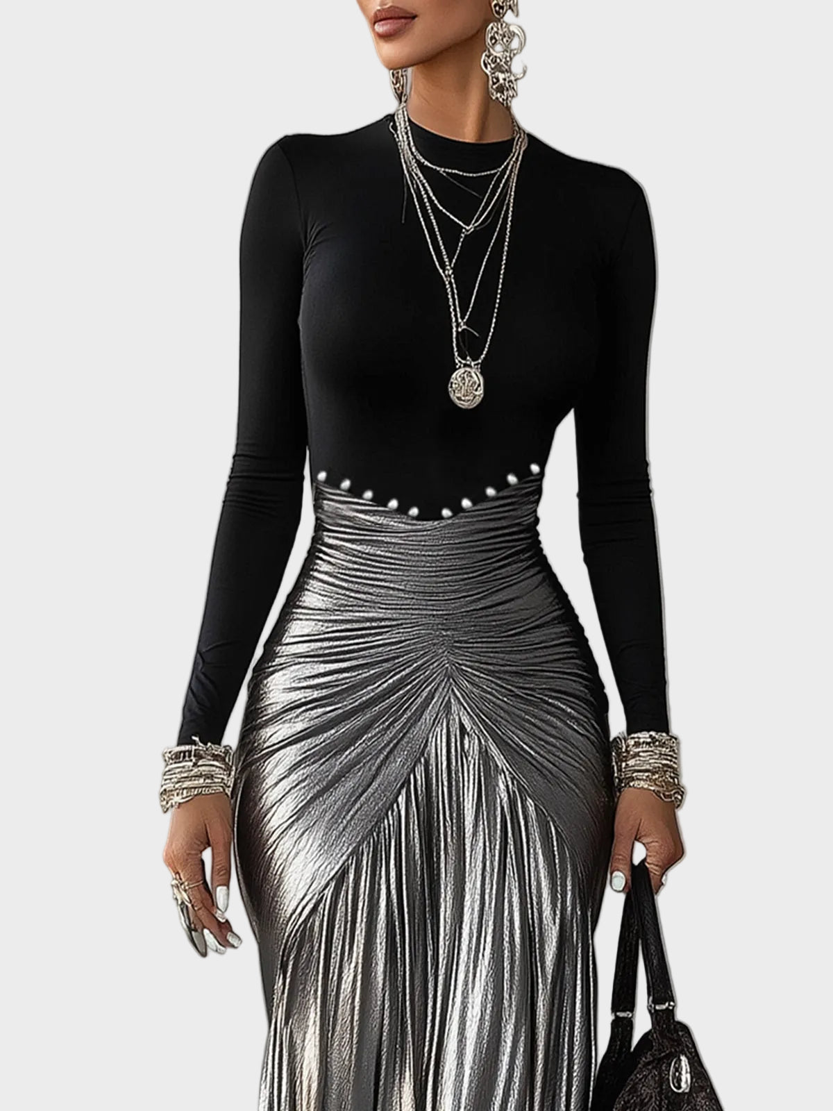 Donna – Schwarzes plissiertes Maxikleid mit silberfarbenem Metallic-Muster – Ansicht 3