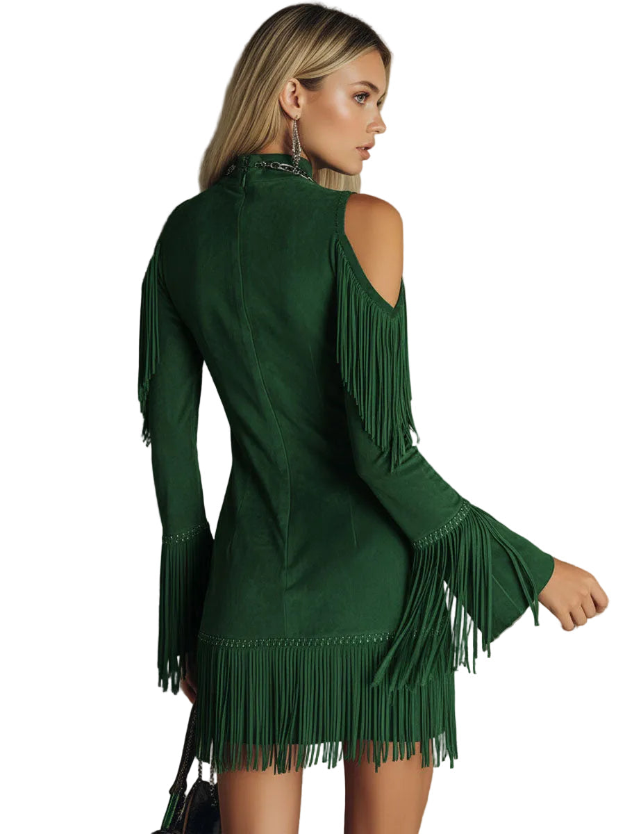 Betty – Schulterfreies Minikleid aus Wildlederimitat mit Fransen