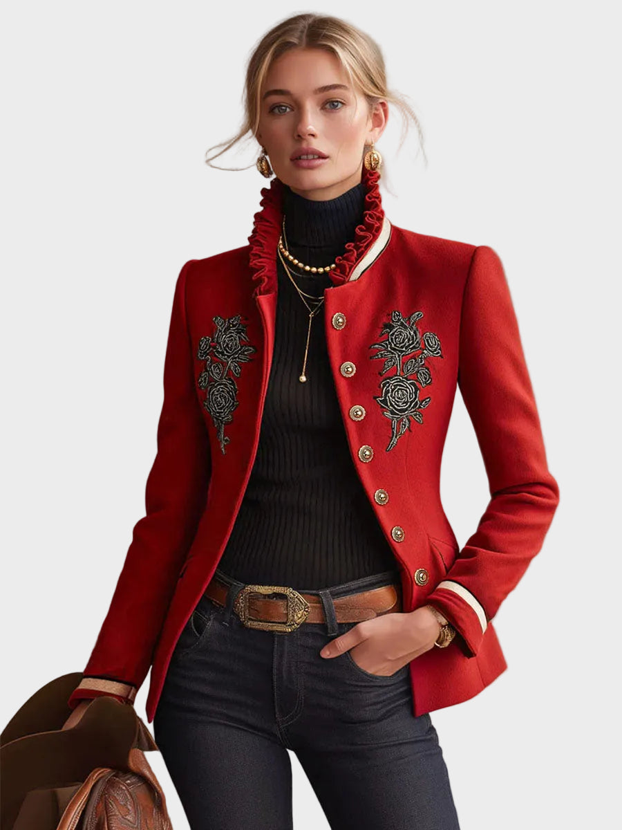 Harmony – Damen-Wolljacke mit Stehkragen und Rosenstickerei – Ansicht 2