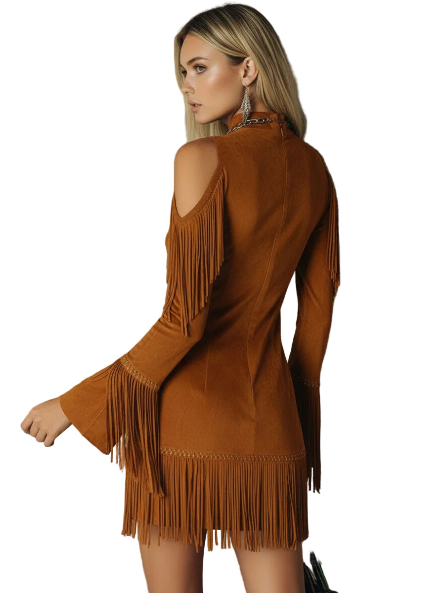 Betty – Schulterfreies Minikleid aus Wildlederimitat mit Fransen