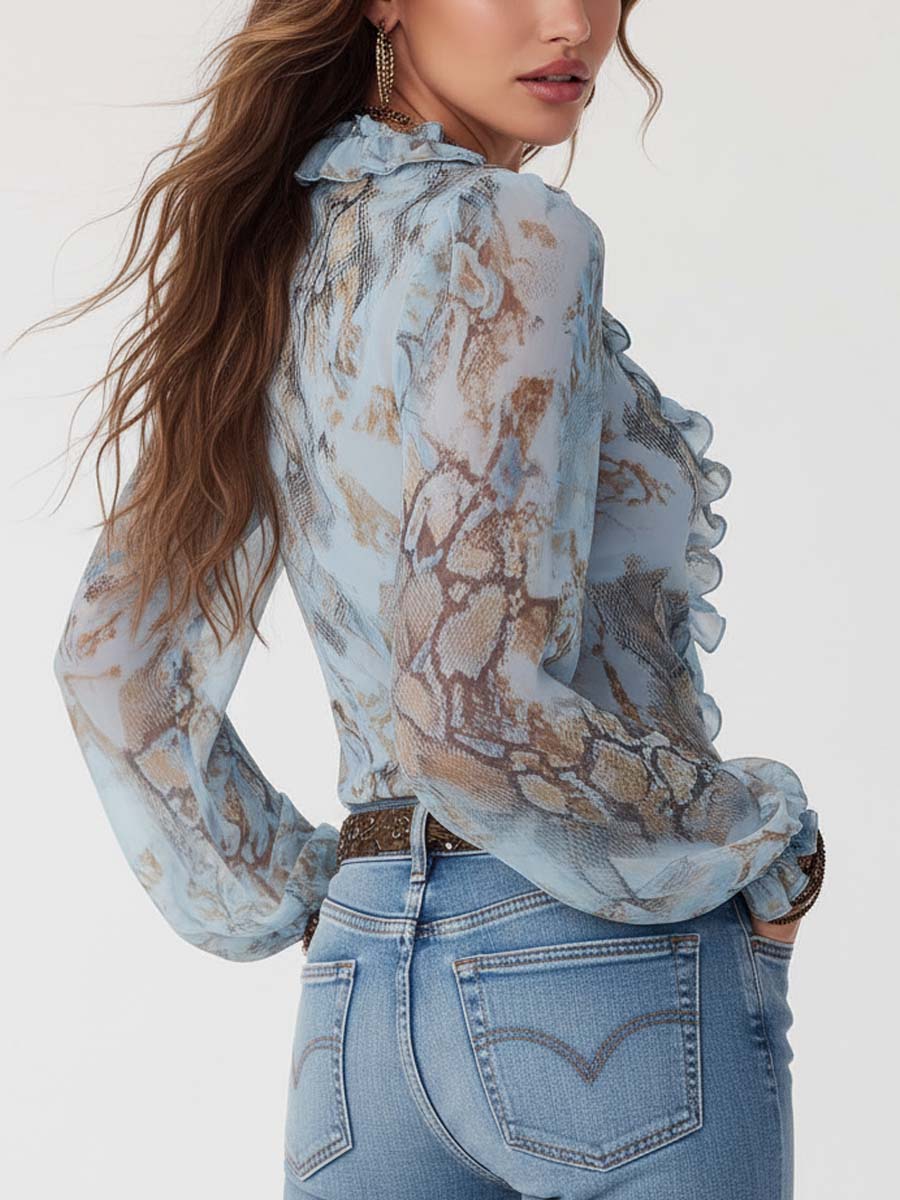 Zinia – Damen-Chiffonbluse mit Rüschen und blauem Muster – Ansicht 2